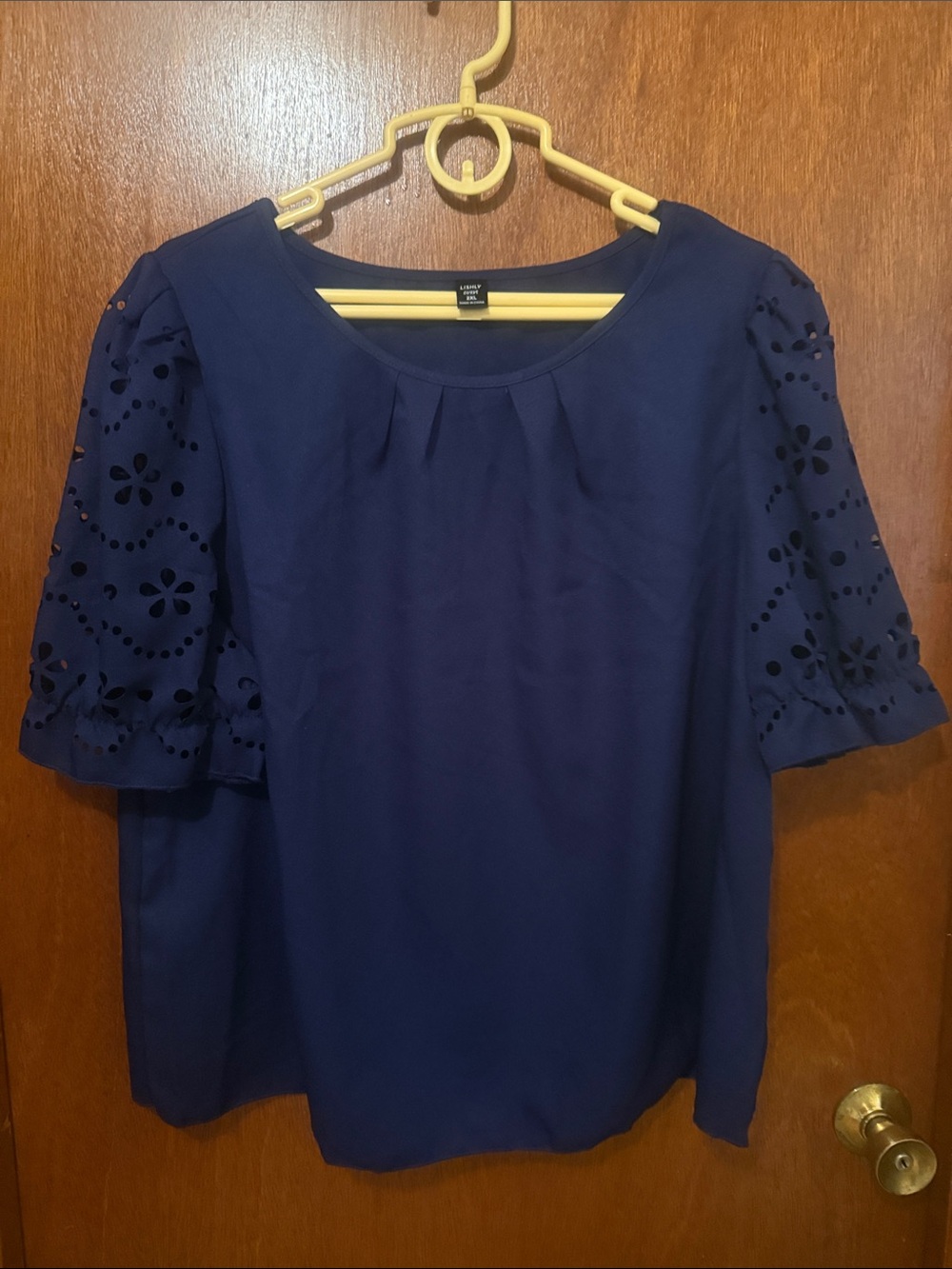 Navy Eyelet Sleeve Pleated Round Neck Blouse